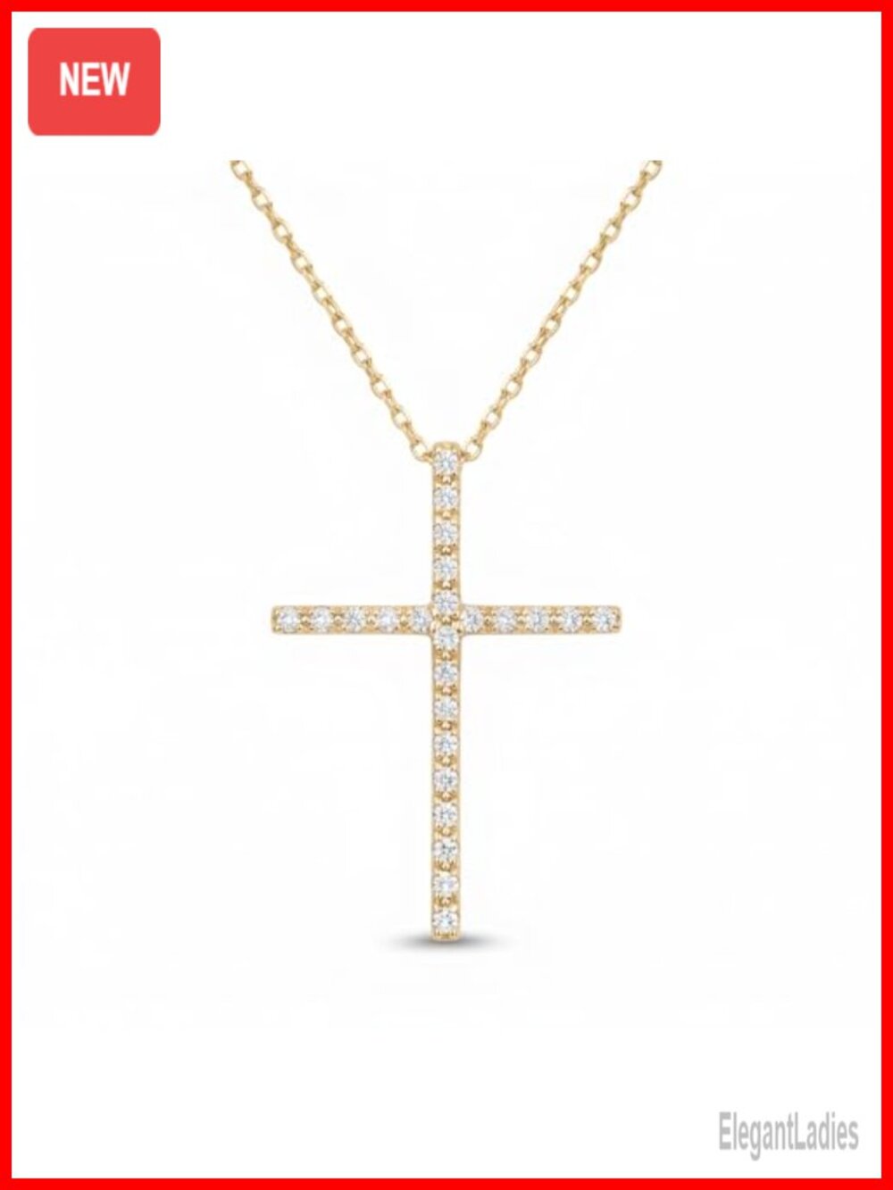 14K Solid Gold Pave Diamond Cross Necklace 18" Chain